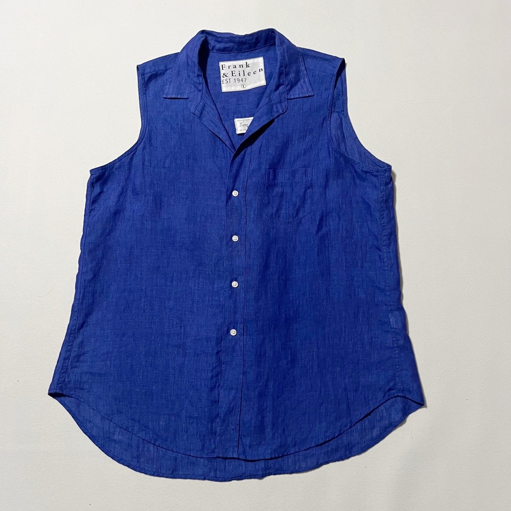 Frank & Eileen Fiona Royal Blue 100% Linen Sleeveless Button Up Shirt Large - Picture 9 of 13